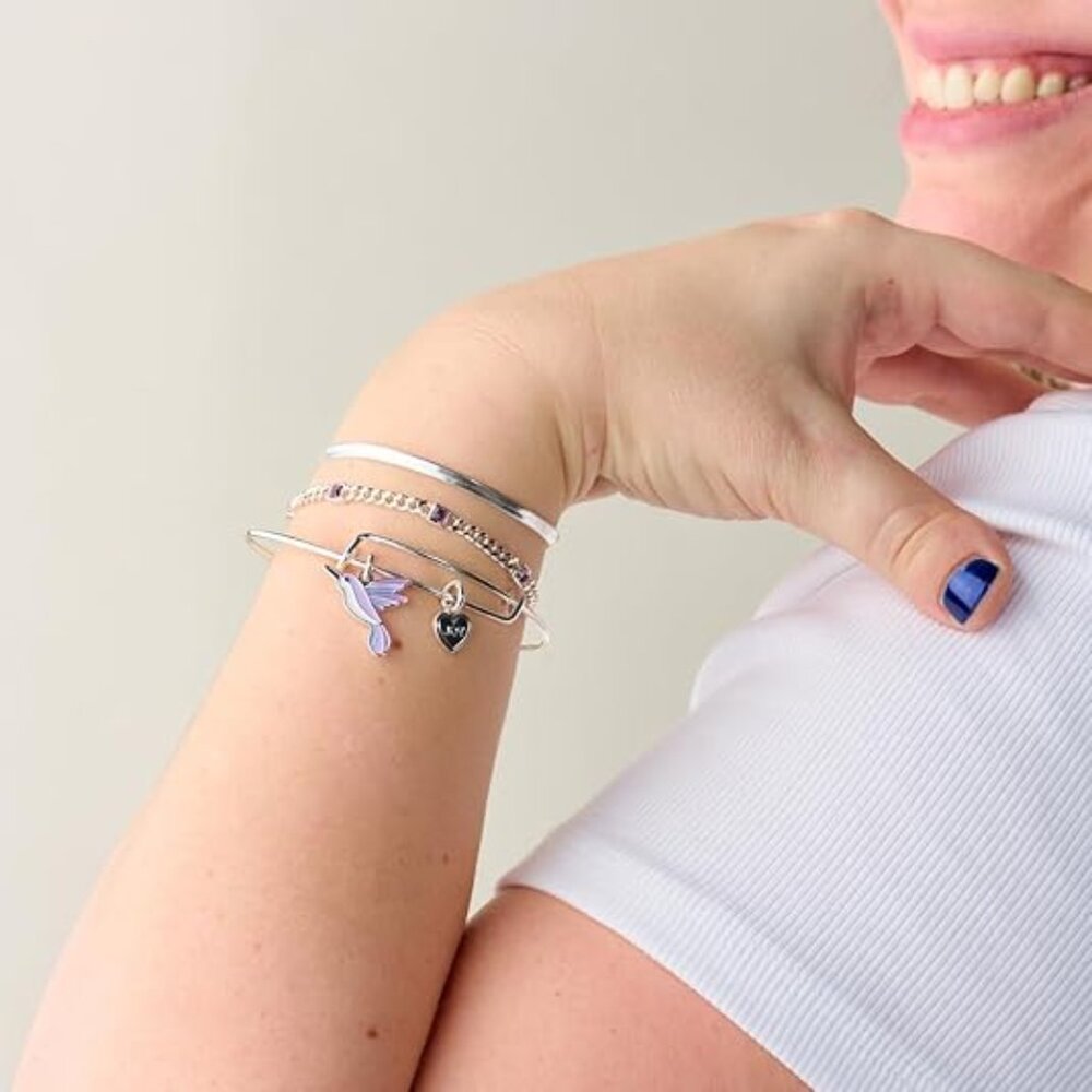 Alex and Ani Joy Hummingbird Charm Bangle Bracelet, Shiny Silver Finish with a P